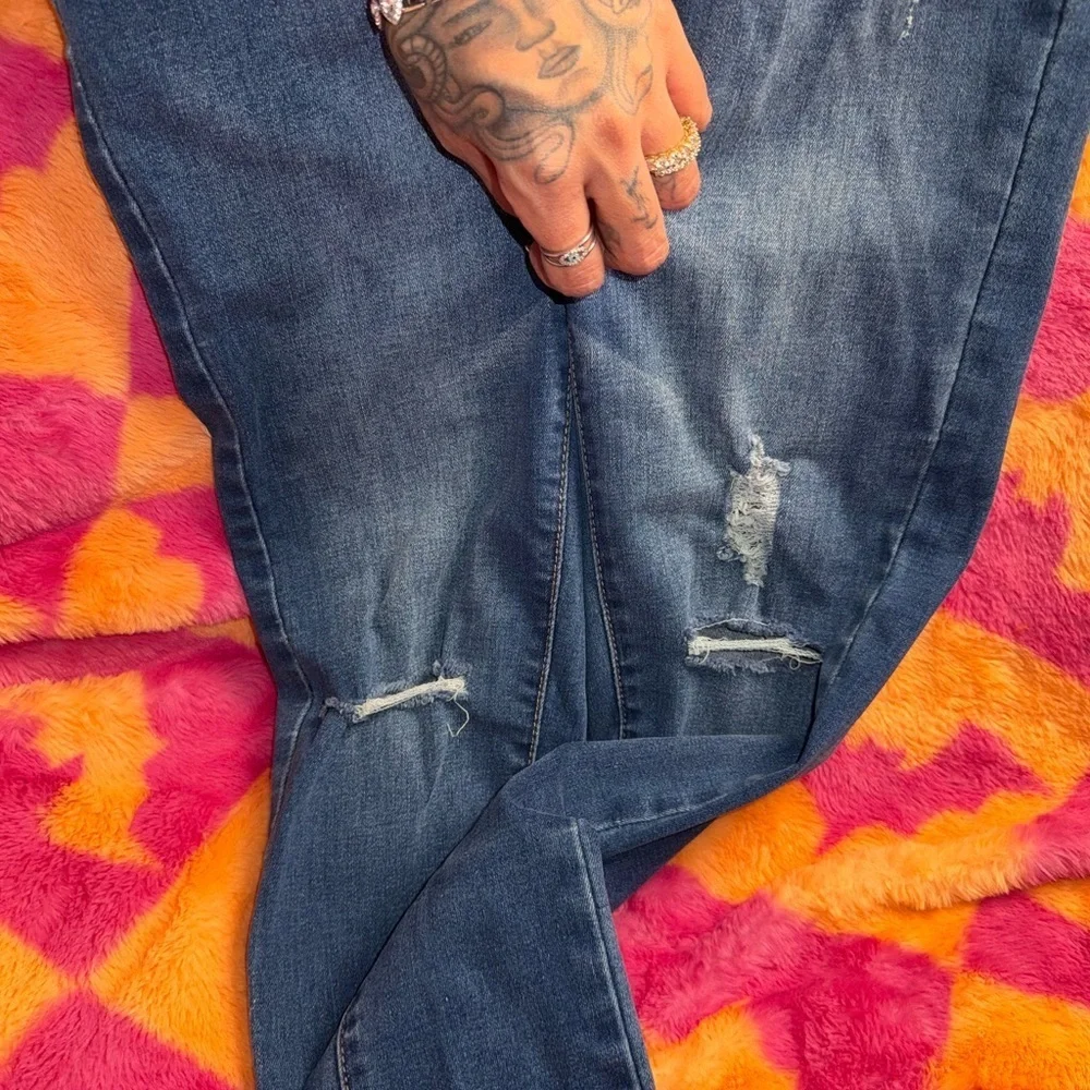 Fashion Nova Dark Blue Distressed Skinny Jeans